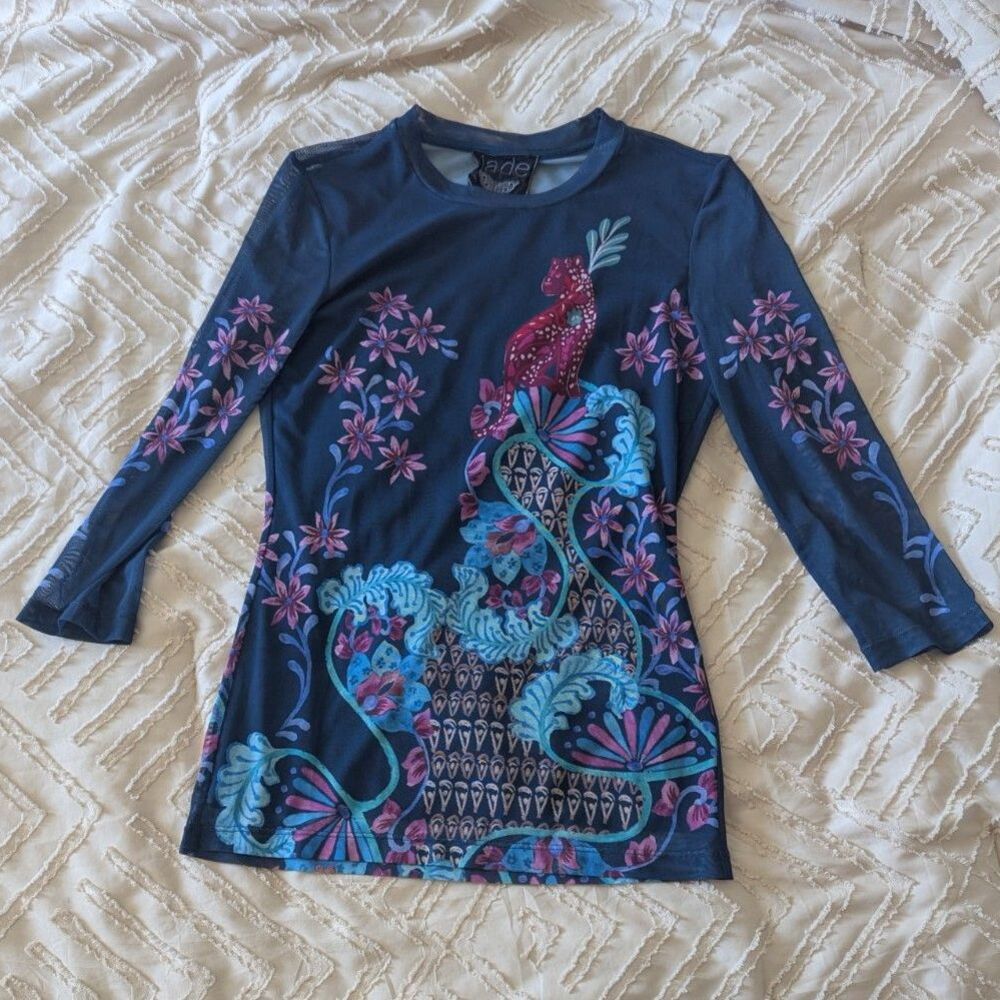 Johnny Was Jade Natalie 3/4 Mesh Tee, a sheer blue tunic top animal xs